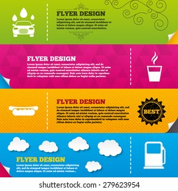 Flyer brochure designs. Petrol or Gas station services icons. Automated car wash signs. Hotdog sandwich and hot coffee cup symbols. Frame design templates. Vector