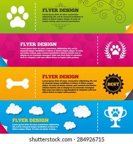 Flyer brochure designs. Pets icons. Dog paw sign. Winner laurel wreath and cup symbol. Pets food. Frame design templates. Vector