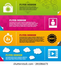 Flyer brochure designs. Photo camera icon. Flash light and video frame symbols. Stopwatch timer 2 seconds sign. Human portrait photo frame. Frame design templates. Vector