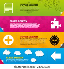 Flyer brochure designs. Plus add circle and puzzle piece icons. Document file and back arrow sign symbols. Frame design templates. Vector