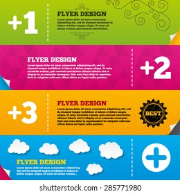 Flyer brochure designs. Plus icons. Positive symbol. Add one, two, three and four more sign. Frame design templates. Vector