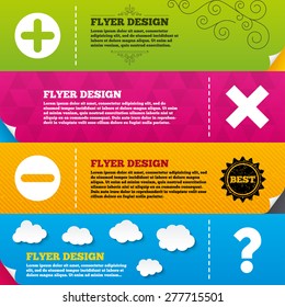 Flyer brochure designs. Plus and minus icons. Delete and question FAQ mark signs. Enlarge zoom symbol. Frame design templates. Vector