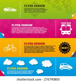Flyer brochure designs. Public transport icons. Free bus, bicycle and taxi signs. Car transport symbol. Frame design templates. Vector