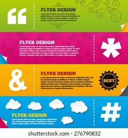 Flyer brochure designs. Quote, asterisk footnote icons. Hashtag social media and ampersand symbols. Programming logical operator AND sign. Frame design templates. Vector
