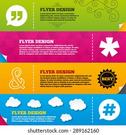 Flyer brochure designs. Quote, asterisk footnote icons. Hashtag social media and ampersand symbols. Programming logical operator AND sign. Speech bubble. Frame design templates. Vector