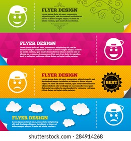 Flyer brochure designs. Rapper smile face icons. Happy, sad, cry signs. Happy smiley chat symbol. Sadness depression and crying signs. Frame design templates. Vector