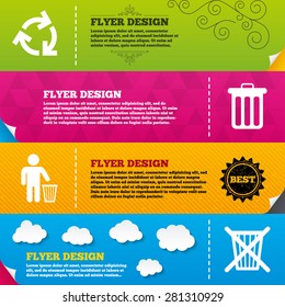 Flyer brochure designs. Recycle bin icons. Reuse or reduce symbols. Human throw in trash can. Recycling signs. Frame design templates. Vector