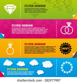 Flyer brochure designs. Rings icons. Jewelry with shine diamond signs. Wedding or engagement symbols. Frame design templates. Vector