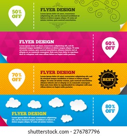Flyer brochure designs. Sale pointer tag icons. Discount special offer symbols. 50%, 60%, 70% and 80% percent off signs. Frame design templates. Vector