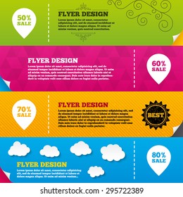 Flyer brochure designs. Sale pointer tag icons. Discount special offer symbols. 50%, 60%, 70% and 80% percent sale signs. Frame design templates. Vector