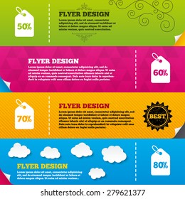 Flyer brochure designs. Sale price tag icons. Discount special offer symbols. 50%, 60%, 70% and 80% percent discount signs. Frame design templates. Vector