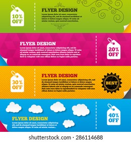 Flyer brochure designs. Sale price tag icons. Discount special offer symbols. 10%, 20%, 30% and 40% percent off signs. Frame design templates. Vector