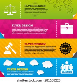 Flyer brochure designs. Scales of Justice icon. Group of clients symbol. Auction hammer sign. Law judge gavel. Court of law. Frame design templates. Vector