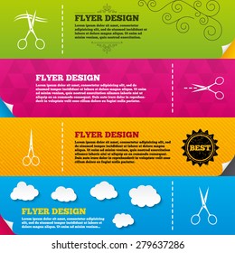 Flyer brochure designs. Scissors icons. Hairdresser or barbershop symbol. Scissors cut hair. Cut dash dotted line. Tailor symbol. Frame design templates. Vector