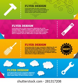 Flyer brochure designs. Screwdriver and wrench key tool icons. Bubble level and hammer sign symbols. Frame design templates. Vector