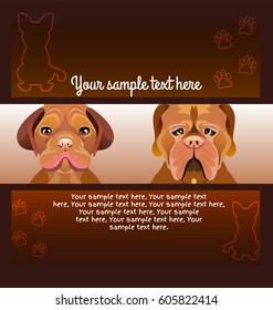 Flyer brochure designs. Set of Two dog looking forward. Dark brown background. Frame design templates. Silhouette of a sitting dog and footprints. Vector.