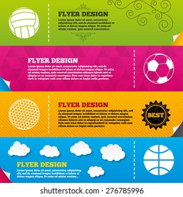 Flyer brochure designs. Sport balls icons. Volleyball, Basketball, Soccer and Golf signs. Team sport games. Frame design templates. Vector