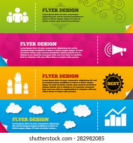 Flyer brochure designs. Strike group of people icon. Megaphone loudspeaker sign. Election or voting symbol. Hands raised up. Frame design templates. Vector