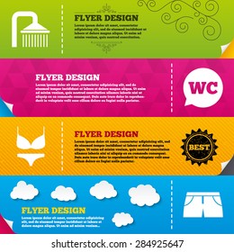 Flyer brochure designs. Swimming pool icons. Shower water drops and swimwear symbols. WC Toilet speech bubble sign. Trunks and women underwear. Frame design templates. Vector