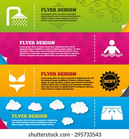 Flyer brochure designs. Swimming pool icons. Shower water drops and swimwear symbols. Human stands in sea waves sign. Trunks and women underwear. Frame design templates. Vector