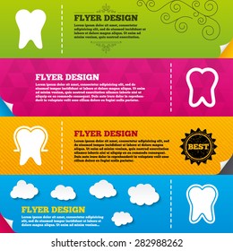 Flyer brochure designs. Tooth enamel protection icons. Dental care signs. Healthy teeth symbols. Frame design templates. Vector