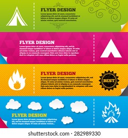 Flyer brochure designs. Tourist camping tent icons. Fire flame sign symbols. Frame design templates. Vector