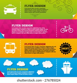 Flyer brochure designs. Transport icons. Taxi car, Bicycle, Public bus and Ship signs. Shipping delivery symbol. Family vehicle sign. Frame design templates. Vector