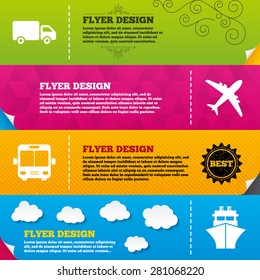 Flyer brochure designs. Transport icons. Truck, Airplane, Public bus and Ship signs. Shipping delivery symbol. Air mail delivery sign. Frame design templates. Vector
