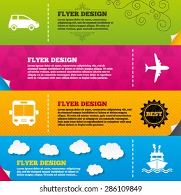 Flyer brochure designs. Transport icons. Car, Airplane, Public bus and Ship signs. Shipping delivery symbol. Air mail delivery sign. Frame design templates. Vector