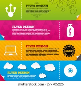 Flyer brochure designs. Usb flash drive icons. Notebook or Laptop pc symbols. CD or DVD sign. Compact disc. Frame design templates. Vector