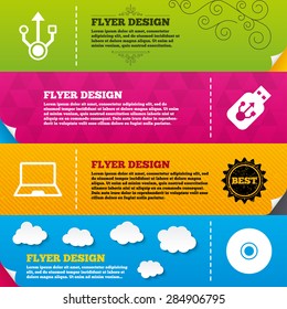 Flyer brochure designs. Usb flash drive icons. Notebook or Laptop pc symbols. CD or DVD sign. Compact disc. Frame design templates. Vector