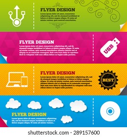 Flyer brochure designs. Usb flash drive icons. Notebook or Laptop pc symbols. Smartphone device. CD or DVD sign. Compact disc. Frame design templates. Vector