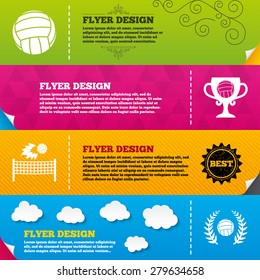 Flyer brochure designs. Volleyball and net icons. Winner award cup and laurel wreath symbols. Beach sport symbol. Frame design templates. Vector
