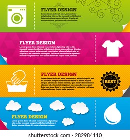 Flyer brochure designs. Wash machine icon. Hand wash. T-shirt clothes symbol. Laundry washhouse and water drop signs. Not machine washable. Frame design templates. Vector