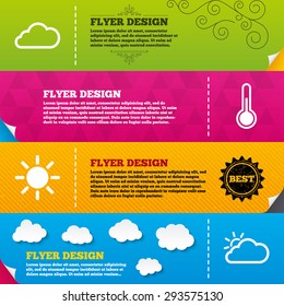 Flyer brochure designs. Weather icons. Cloud and sun signs. Thermometer temperature symbol. Frame design templates. Vector
