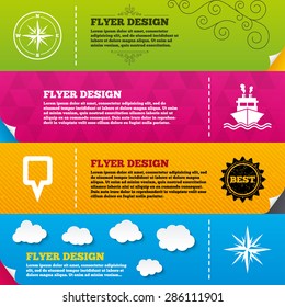 Flyer brochure designs. Windrose navigation compass icons. Shipping delivery sign. Location map pointer symbol. Frame design templates. Vector