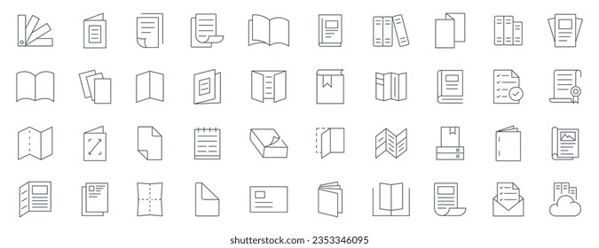 Flyer Brochure line icon set.  letterhead, booklet, leaflet, corporate catalog, envelope vector illustration