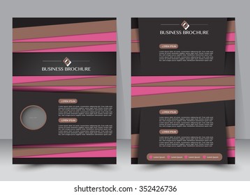 Flyer, brochure, magazine cover template design for education, presentation, website. Black, brown and pink color. Editable vector illustration