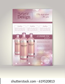 Flyer, brochure or magazine cover template. Cosmetic ads poster.3D Realistic vector illustration in soft purple color.