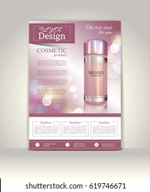 Flyer, Brochure Or Magazine Cover Template. Cosmetic Ads Poster.3D Realistic Vector Illustration In Soft Purple Color.