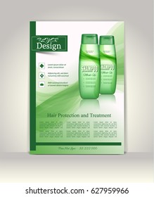 Flyer, brochure or magazine cover template. Cosmetic ads poster.3D Realistic shampoo bottle vector illustration