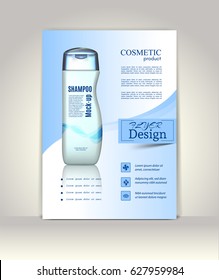 Flyer, brochure or magazine cover template. Cosmetic ads poster.3D Realistic shampoo bottle vector illustration