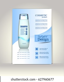 Flyer, brochure or magazine cover template. Cosmetic ads poster.3D Realistic shampoo bottle vector illustration