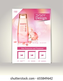 Flyer, brochure or magazine cover template. Cosmetic ads poster.3D Realistic shampoo bottle with roses and petals on the pink glowing background, vector illustration