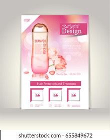 Flyer, brochure or magazine cover template. Cosmetic ads poster.3D Realistic shampoo bottle with roses and petals on the pink glowing background, vector illustration