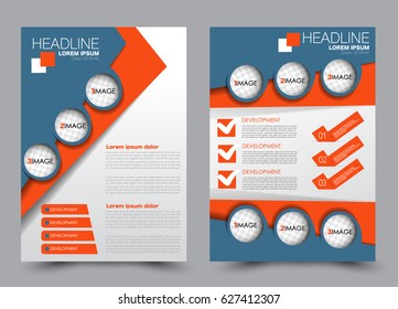 Flyer and brochure template. Annual report cover design.  Business or education poster. A4 size vector illustration. Blue and orange color