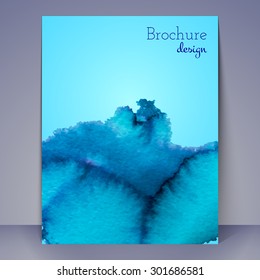 Flyer or brochure template with watercolor stain. Abstract watercolour background for your design. Watercolor texture. Watercolor blue stain.