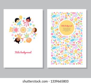 Flyer brochure vector template with kids. Сircle frame. Сartoon kid toy background.