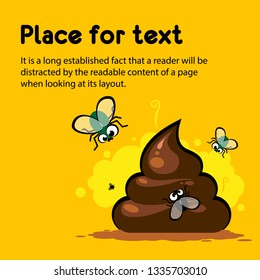 Flyer with a bunch of smelly shit and fly on an orange background with space for your text, vector illustration