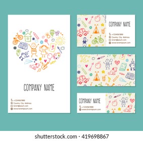  flyer, business card, banner, brochure vector template with doodle children drawing